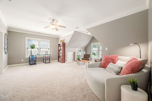 2728 Cameron Pond Dr, Cary, NC 27519 - living room featuring ornamental molding, a ceiling fan, carpet flooring, and baseboards