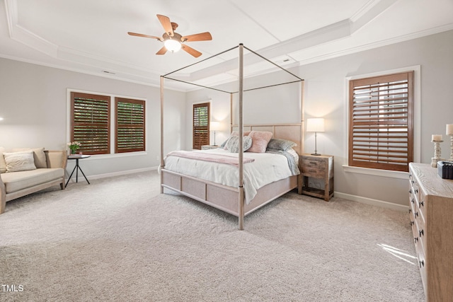 2728 Cameron Pond Dr, Cary, NC 27519 - carpeted bedroom featuring a tray ceiling, crown molding, baseboards, and a ceiling fan