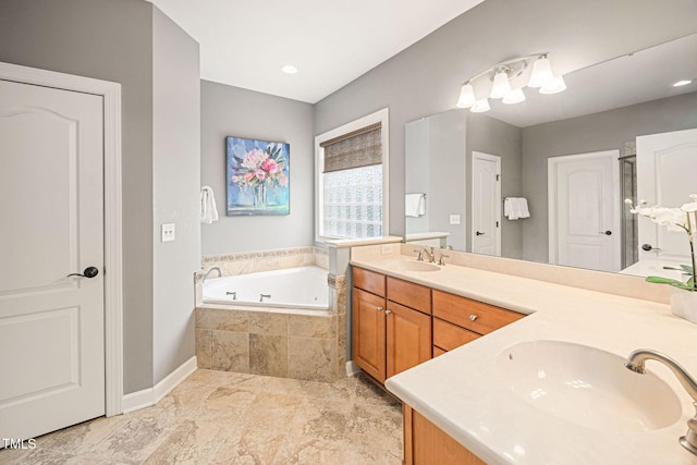 2728 Cameron Pond Dr, Cary, NC 27519 - bathroom featuring a bath, double vanity, and baseboards