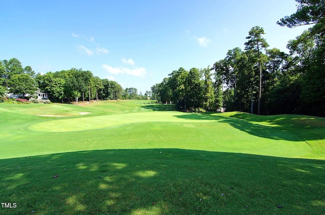 view of community with a yard and golf course view