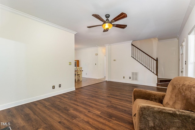 1176 Stoney Mountain Rd, Rougemont, NC 27572 - living room with stairway, ornamental molding, ceiling fan, and wood finished floors