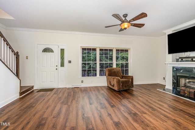 1176 Stoney Mountain Rd, Rougemont, NC 27572 - foyer featuring stairs, wood finished floors, ornamental molding, ceiling fan, and a fireplace