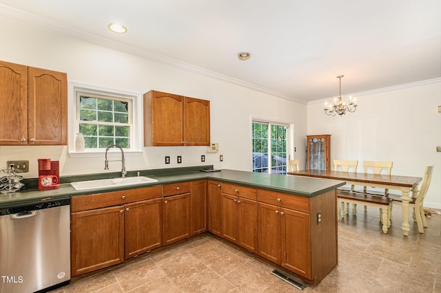 1176 Stoney Mountain Rd, Rougemont, NC 27572 - kitchen with stainless steel dishwasher, a chandelier, plenty of natural light, brown cabinetry, and crown molding