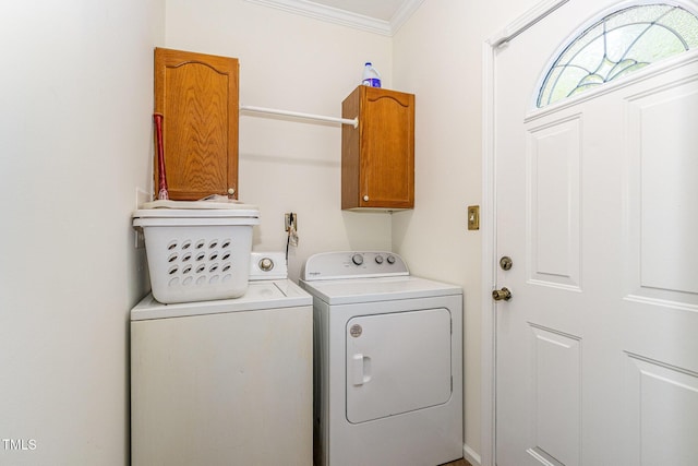 1176 Stoney Mountain Rd, Rougemont, NC 27572 - laundry room featuring cabinet space, washer and dryer, and ornamental molding