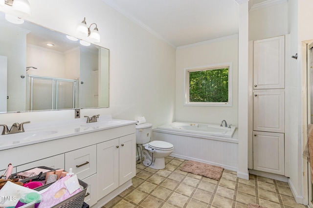 1176 Stoney Mountain Rd, Rougemont, NC 27572 - bathroom featuring crown molding, double vanity, a stall shower, and a bath