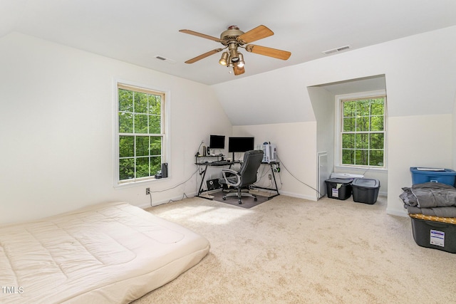 1176 Stoney Mountain Rd, Rougemont, NC 27572 - bedroom with vaulted ceiling, multiple windows, carpet flooring, an office area, and ceiling fan
