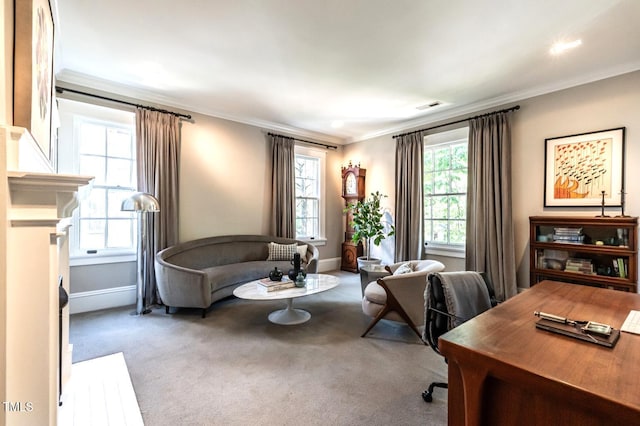 carpeted home office featuring crown molding, visible vents, and baseboards