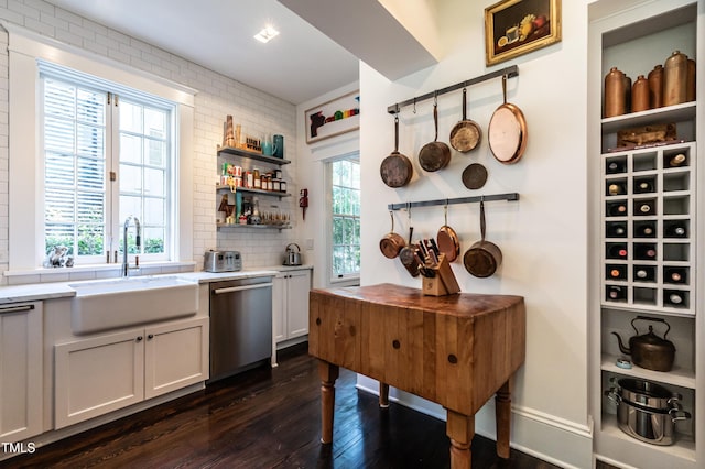 bar featuring a sink, stainless steel dishwasher, dark wood-style floors, and plenty of natural light