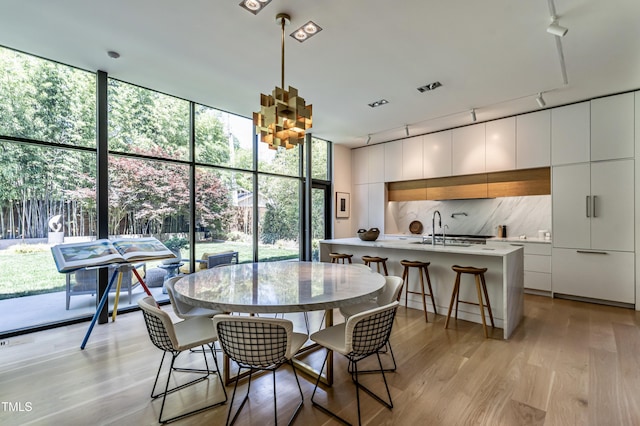 dining room with rail lighting, a wall of windows, and light wood-type flooring