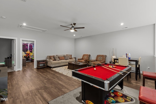 rec room with ceiling fan, attic access, visible vents, pool table, and wood finished floors