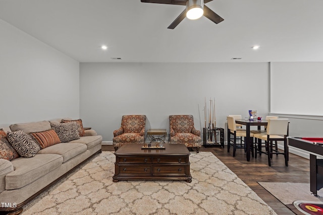 living room featuring ceiling fan, recessed lighting, wood finished floors, and visible vents