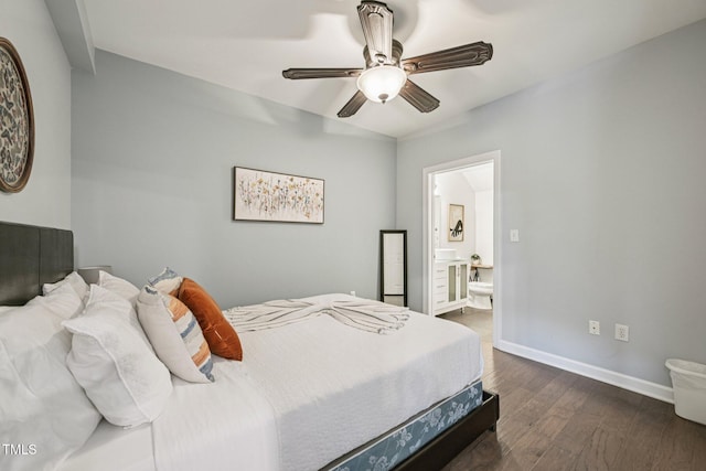 200 S Dawson St Unit 114, Raleigh, NC 27601 - bedroom featuring dark wood finished floors, connected bathroom, and ceiling fan