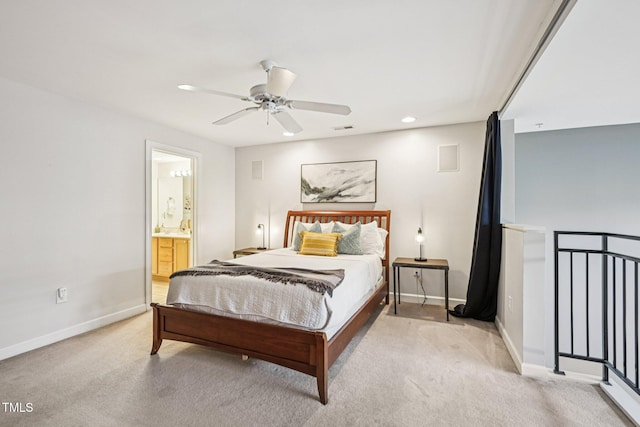 200 S Dawson St Unit 114, Raleigh, NC 27601 - bedroom with light carpet, recessed lighting, connected bathroom, and ceiling fan