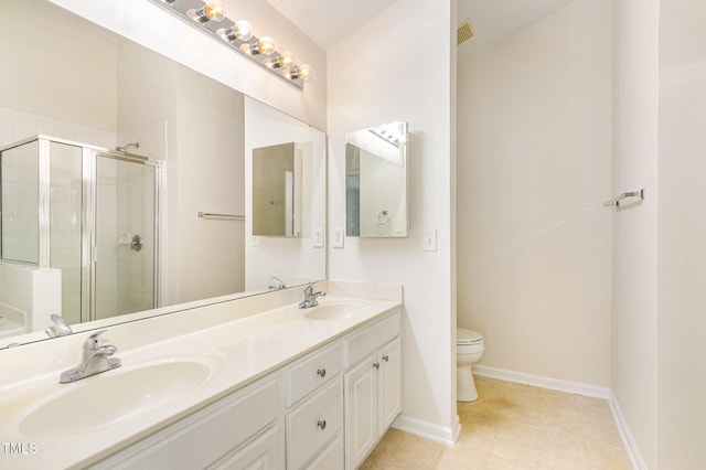 full bath featuring double vanity, toilet, a shower stall, and a sink