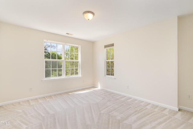 spare room featuring baseboards, plenty of natural light, and light carpet