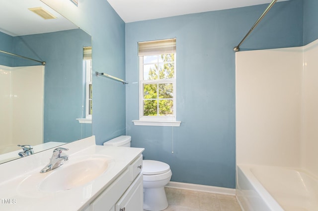 bathroom with visible vents, tile patterned floors, baseboards, vanity, and toilet