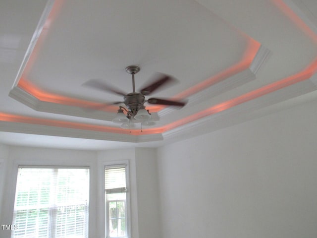 room details featuring a raised ceiling and ceiling fan