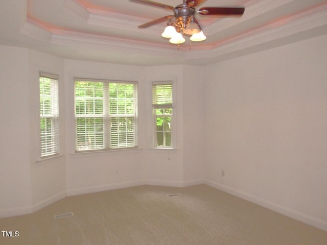 unfurnished room featuring crown molding, carpet flooring, a raised ceiling, and ceiling fan