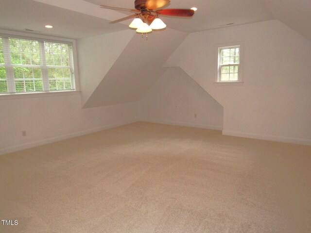bonus room featuring ceiling fan, carpet, recessed lighting, and lofted ceiling