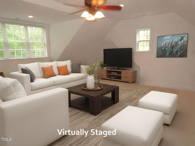 living area featuring recessed lighting, a ceiling fan, light wood finished floors, and lofted ceiling