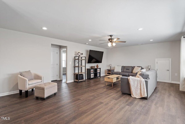 living room with recessed lighting, baseboards, a ceiling fan, and dark wood-style floors