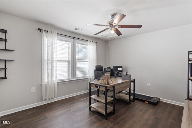 office with visible vents, a ceiling fan, baseboards, and wood finished floors