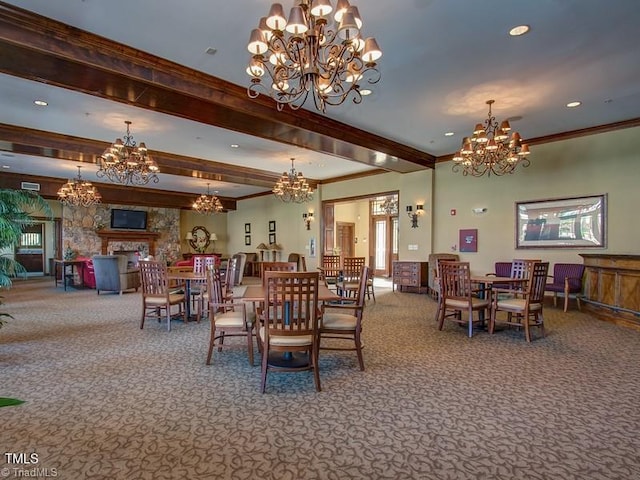 carpeted dining room featuring crown molding, recessed lighting, beam ceiling, and a notable chandelier