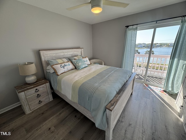 504 Carolina Beach Ave S Unit 2L, Carolina Beach, NC 28428 - bedroom with access to outside, a water view, wood finished floors, and ceiling fan