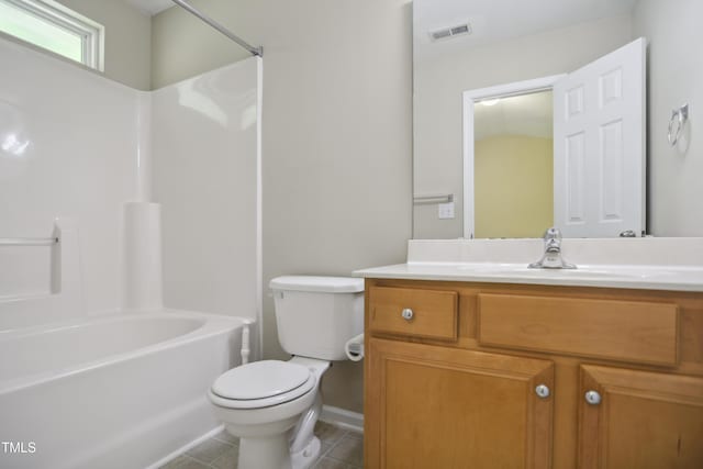 full bathroom with shower / bathing tub combination, visible vents, tile patterned floors, vanity, and toilet