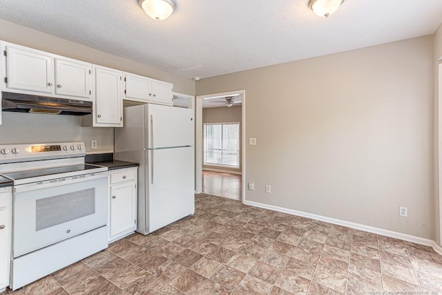 5516 Deep Hollow Ct, Fayetteville, NC 28311 - kitchen with under cabinet range hood, white appliances, a ceiling fan, baseboards, and white cabinets