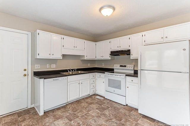 5516 Deep Hollow Ct, Fayetteville, NC 28311 - kitchen with white appliances, under cabinet range hood, white cabinets, dark countertops, and a sink