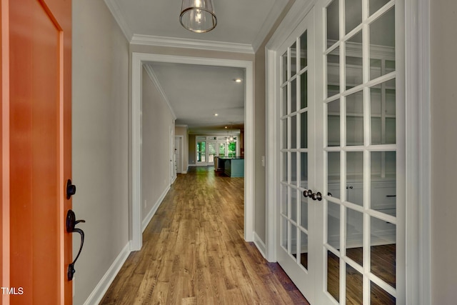 127 Post Oak Rd, Chapel Hill, NC 27516 - hall with french doors, wood finished floors, ornamental molding, and baseboards