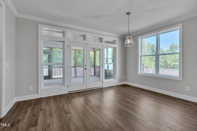 127 Post Oak Rd, Chapel Hill, NC 27516 - empty room with french doors, ornamental molding, dark wood-style flooring, and baseboards