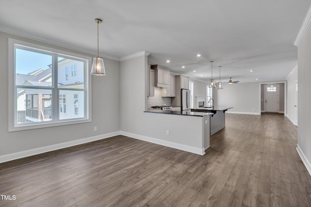 127 Post Oak Rd, Chapel Hill, NC 27516 - kitchen with freestanding refrigerator, crown molding, dark wood-style floors, open floor plan, and decorative backsplash
