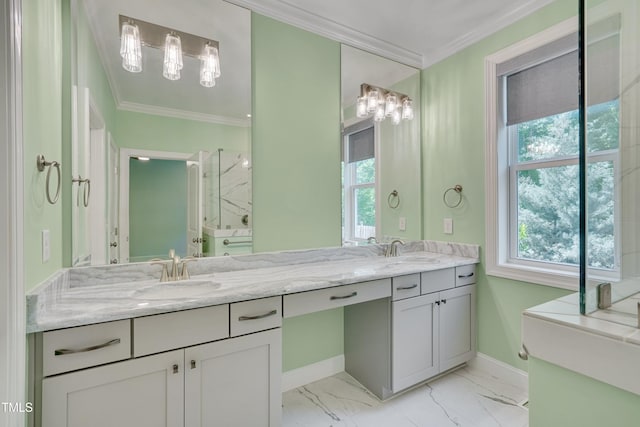 127 Post Oak Rd, Chapel Hill, NC 27516 - bathroom featuring crown molding, healthy amount of natural light, baseboards, and double vanity