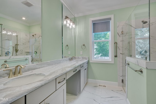 127 Post Oak Rd, Chapel Hill, NC 27516 - full bath with a marble finish shower, crown molding, double vanity, marble finish flooring, and baseboards