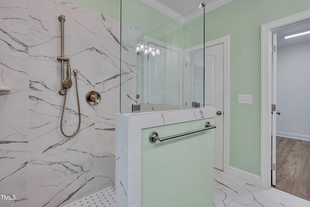 127 Post Oak Rd, Chapel Hill, NC 27516 - full bath featuring ornamental molding and a marble finish shower