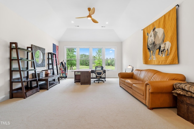 office area with a ceiling fan, light colored carpet, baseboards, lofted ceiling, and recessed lighting