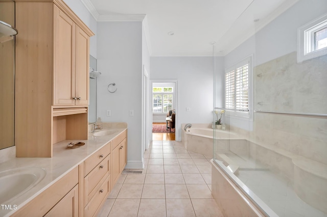 full bathroom with a sink, double vanity, tile patterned floors, ornamental molding, and a bath