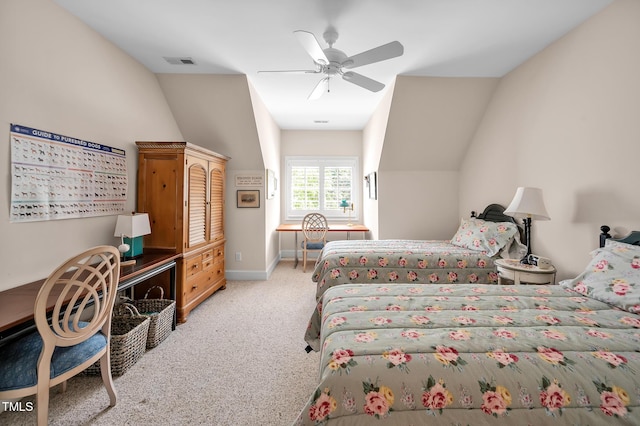 bedroom with carpet floors, a ceiling fan, baseboards, vaulted ceiling, and visible vents