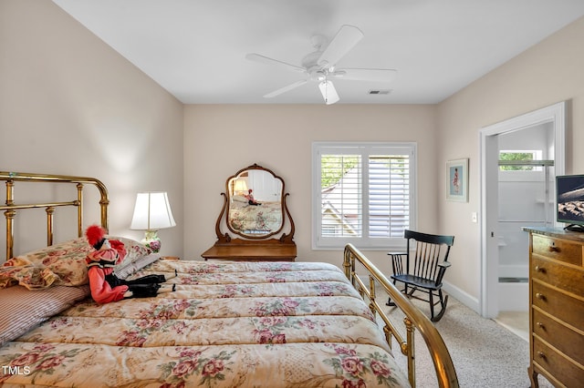bedroom featuring carpet floors, baseboards, ceiling fan, and visible vents
