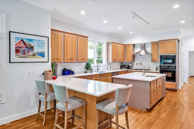 kitchen featuring crown molding, decorative backsplash, a sink, and wall chimney exhaust hood