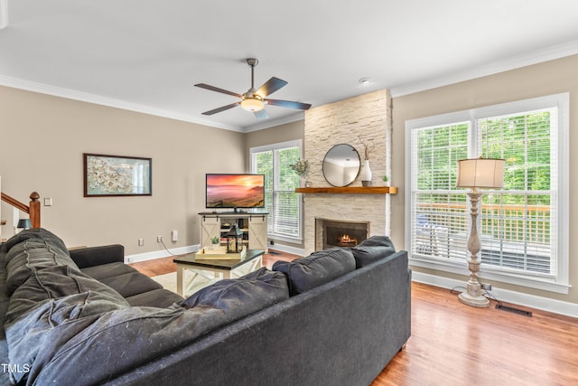 8600 Clivedon Dr, Raleigh, NC 27615 - living room featuring ornamental molding, a ceiling fan, wood finished floors, and visible vents