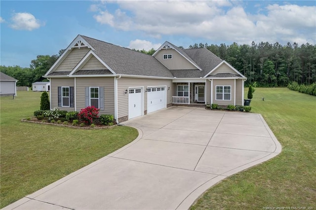 8220 Rivermist Ln, Linden, NC 28356 - craftsman-style home featuring a porch, a garage, driveway, roof with shingles, and a front yard