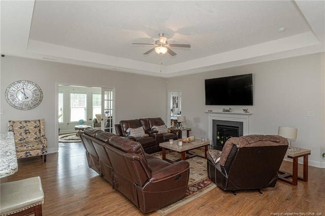 8220 Rivermist Ln, Linden, NC 28356 - living area with a raised ceiling, a ceiling fan, wood finished floors, and a fireplace