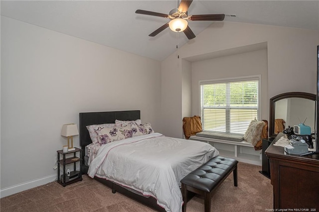 8220 Rivermist Ln, Linden, NC 28356 - bedroom with a ceiling fan, carpet flooring, vaulted ceiling, and baseboards