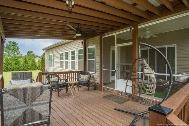 8220 Rivermist Ln, Linden, NC 28356 - wooden deck featuring an outdoor living space and ceiling fan