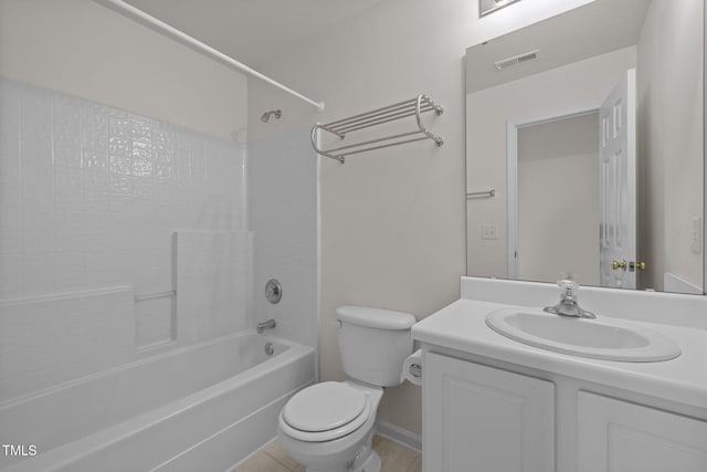 bathroom featuring visible vents, tile patterned flooring, vanity, toilet, and shower / bathing tub combination