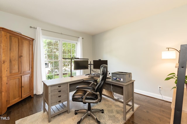 office area with dark wood-type flooring and baseboards