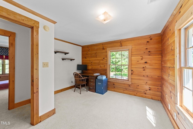 407 Howard Tant Rd, Zebulon, NC 27597 - home office with crown molding, baseboards, carpet flooring, and wood walls